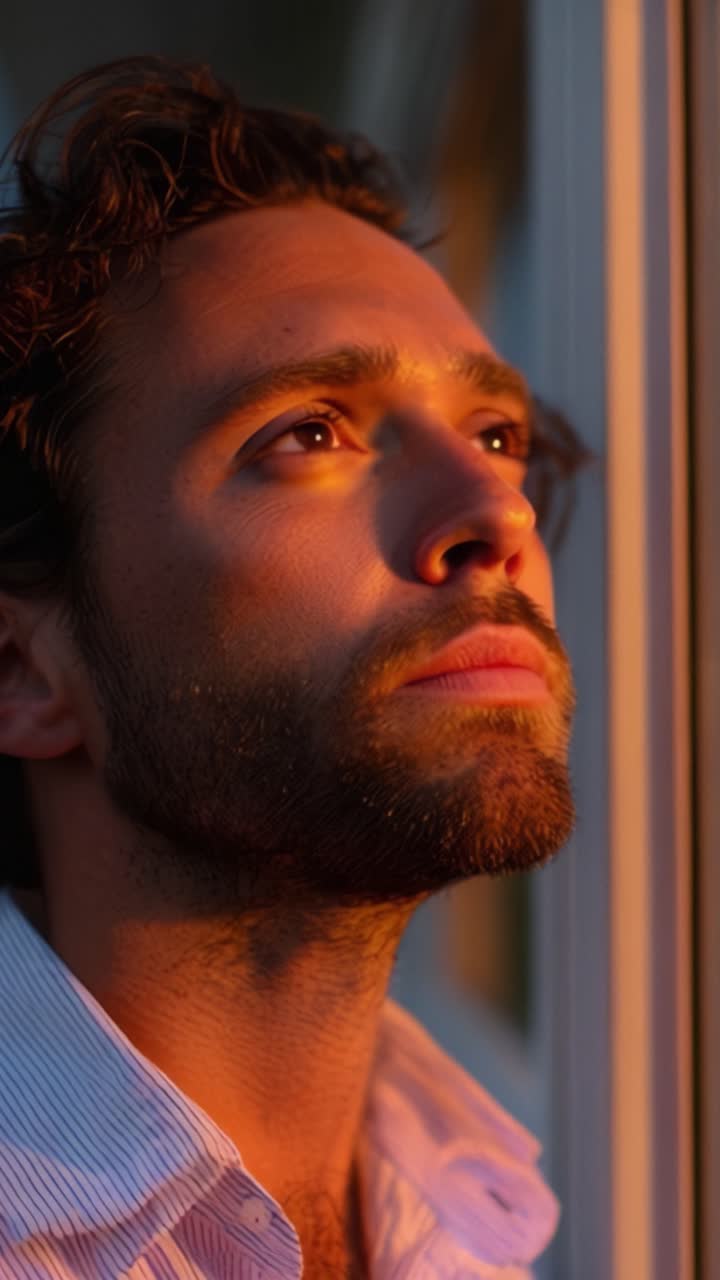 Astonished in the Warm Glow of Sunset Light: A Man's Reflective Moment Captured Within the Frame of a Window, Basking in the Beauty of Nature's Transition