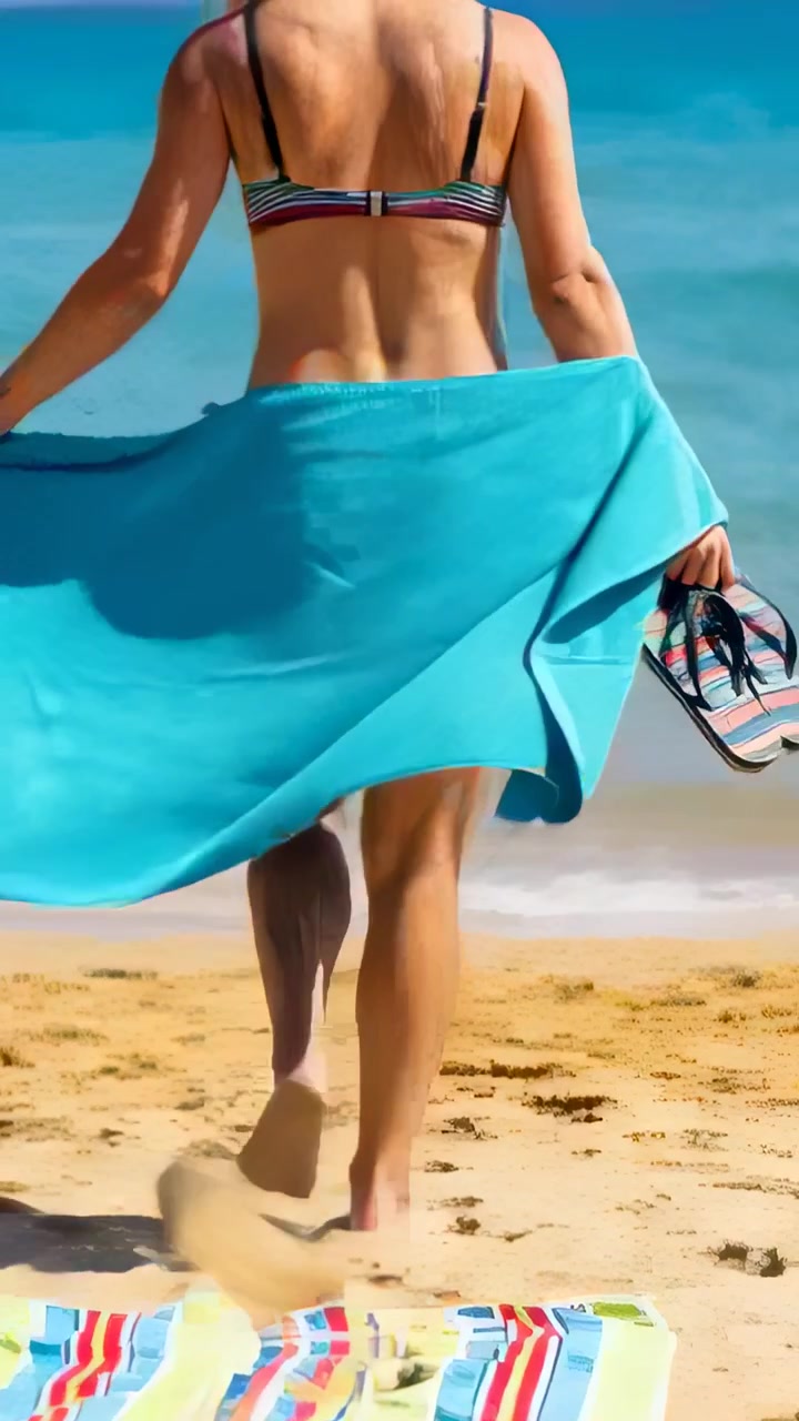 Video vertical: Mujer en bikini levantándose y caminando de la esterilla al agua, con la toalla volando y sosteniendo chanclas.