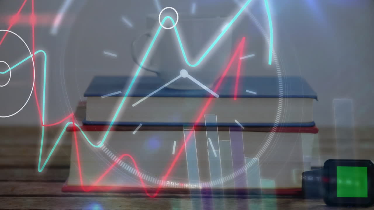 Books stacked on table with financial data and clock animation overlay