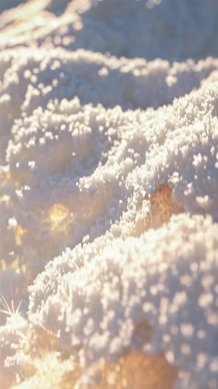 Close-up video of sunlit snow crystals on a slope, capturing the intricate textures and sparkles