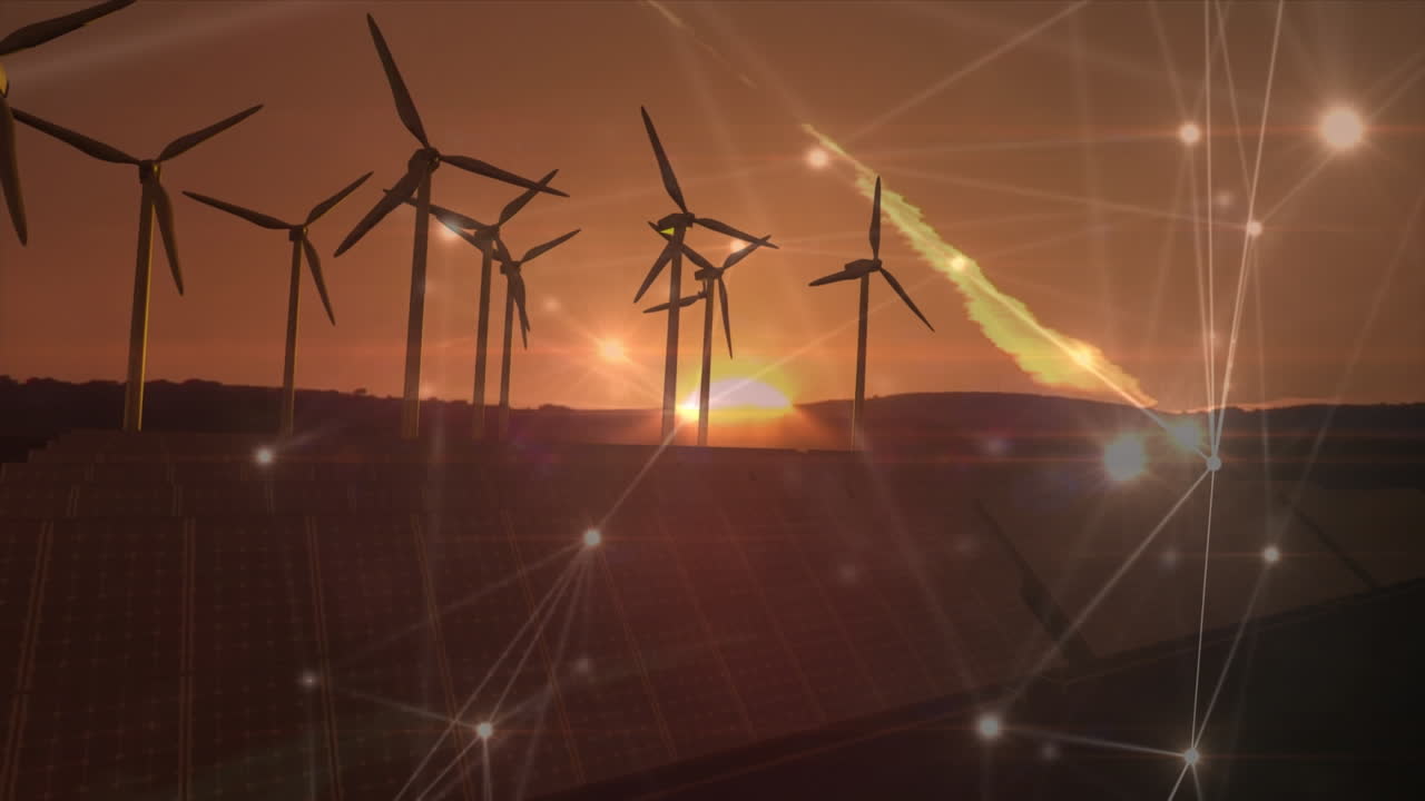 анимация сети соединений через ветровые турбины