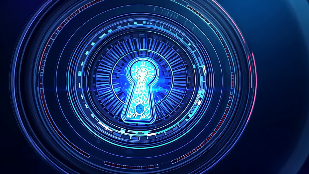 Initializing lock interface rotating neon rings in blue UI, with keyhole and drifting sphere