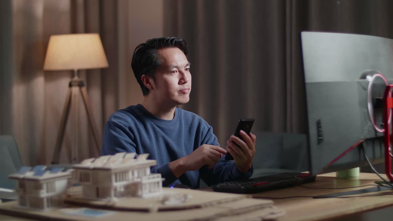 밤에는 집에서 디자인 프로젝트를 하고 있는 남자