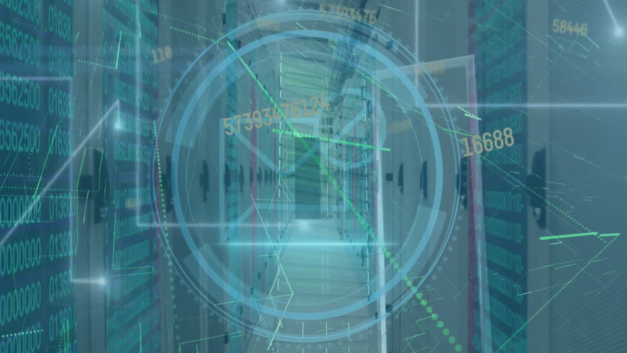 animación del procesamiento digital de datos y la interfaz digital y la cuadrícula sobre fondo azul