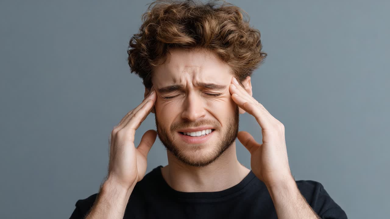 A Young Man Experiencing Discomfort and Pain, Gripping His Head in Frustration While Conveying Strong Emotions in a Minimalist Background Setting