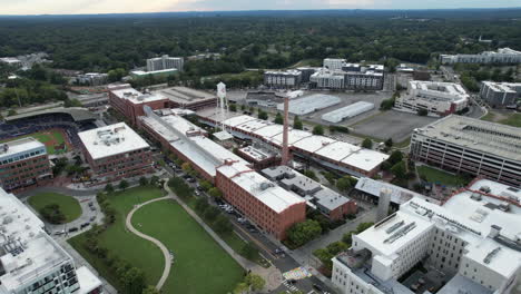 Aerial-drone-orbiting-American-Tobacco-Campus-in-Durham,-NC