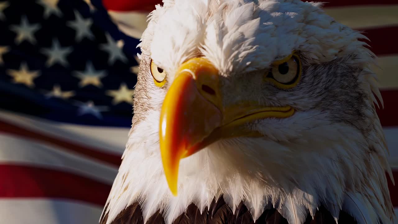 Primo piano di un'aquila calva dallo sguardo intenso, bandiera americana sullo sfondo