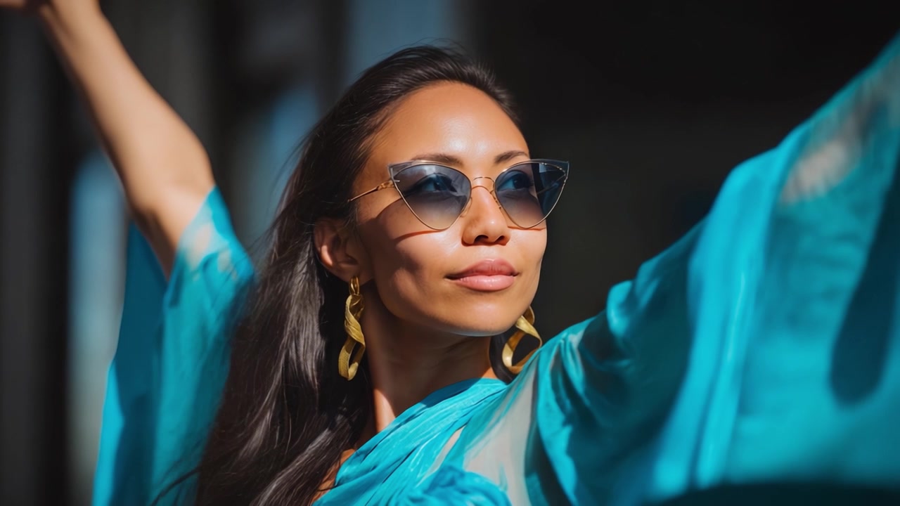 Donna sicura di sé irradia gioia e stile in un vivace completo blu, occhiali da sole e accessori eleganti, abbracciando i momenti della vita con grazia ed eleganza.