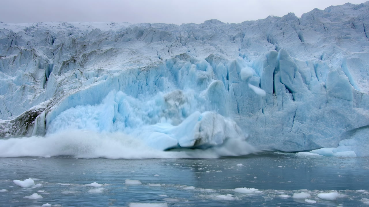 Blue Glacier Front Calving Into Sea, Layered Ice Wall, Scattered Ice Floes, Glassy Cold Water, Overcast Sky,