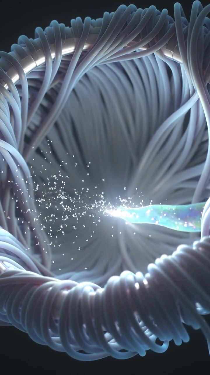 Video verticale: Sonda opale che entra ed emette scintille, sondando un toroide intrecciato nel vuoto che mostra filamenti.