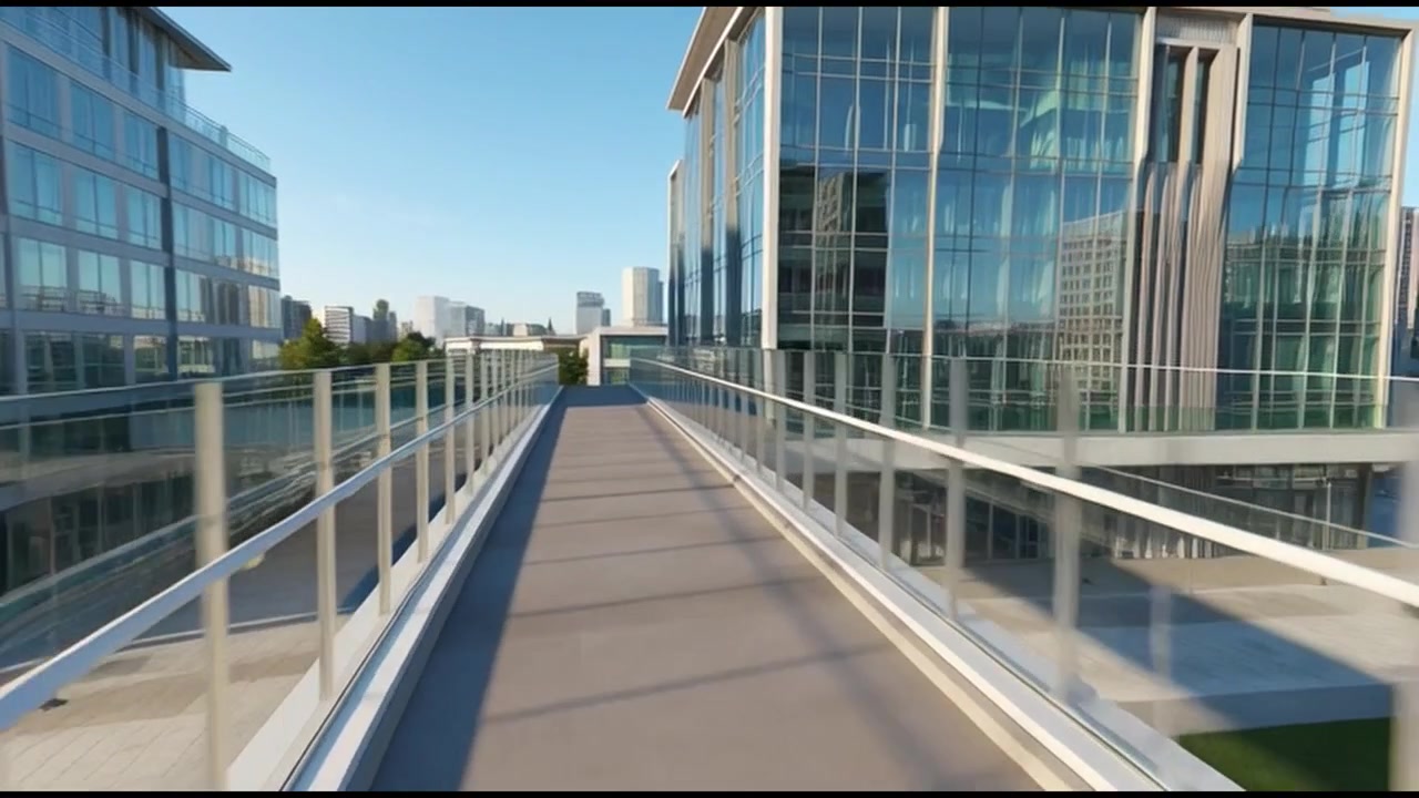 Vista aérea de modernos edificios de oficinas de cristal conectados por un puente peatonal.
