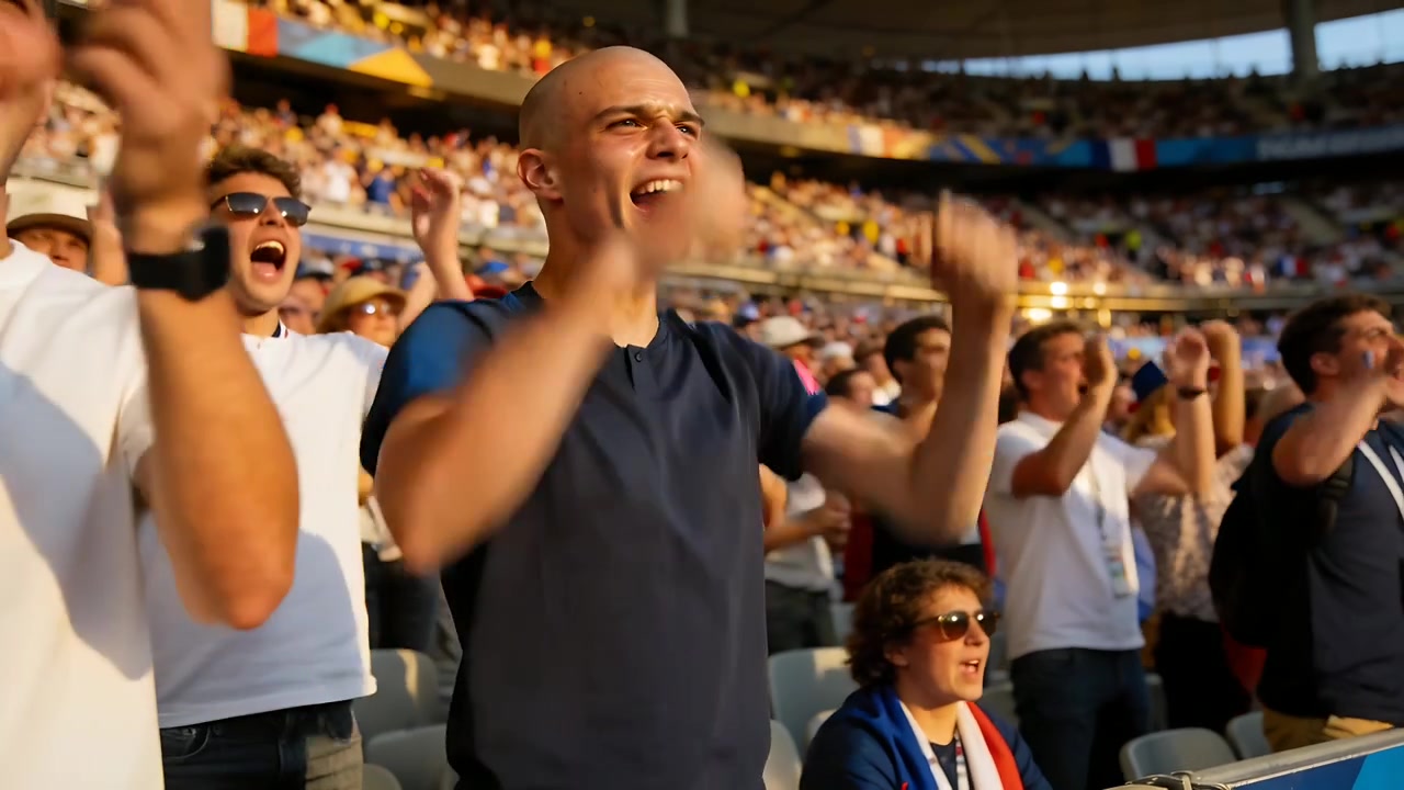 Reaccionando a una jugada dramática en el estadio, hombre calvo gritando con camiseta azul marino liderando los cánticos con banderas.