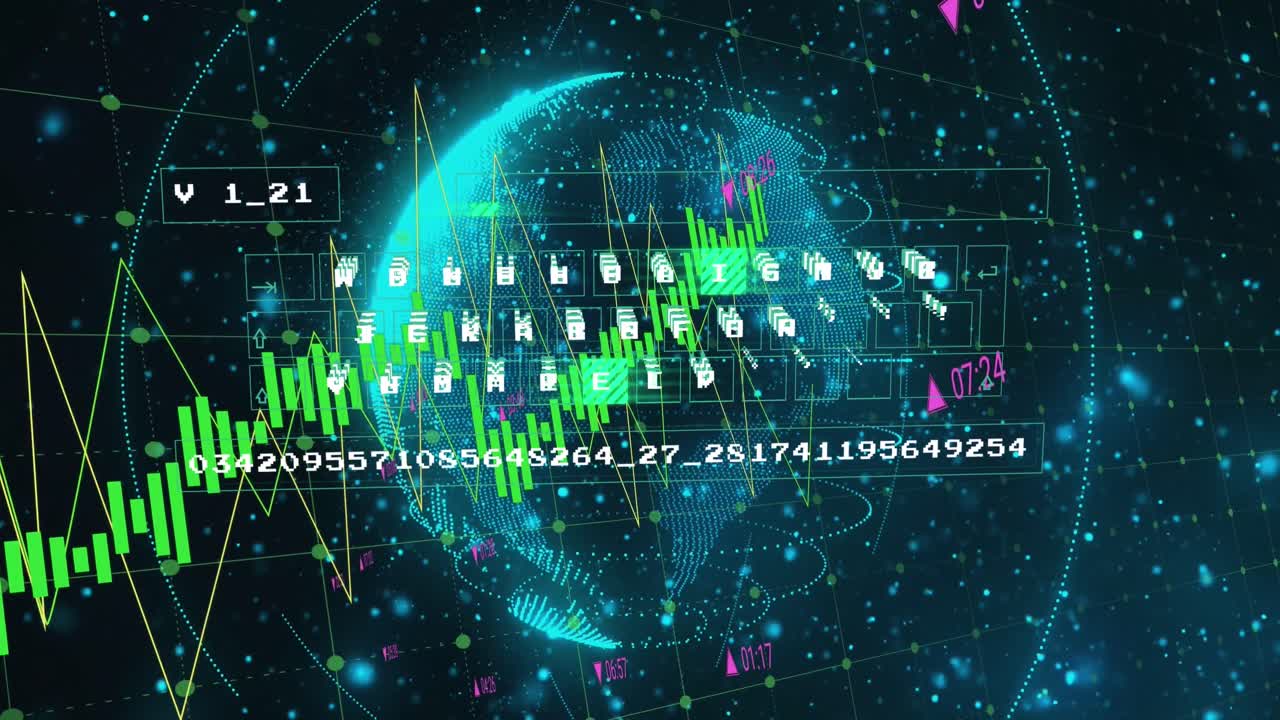 검은색 배경에 점과 지구상에서 그래프, 글자 및 변하는 숫자의 애니메이션