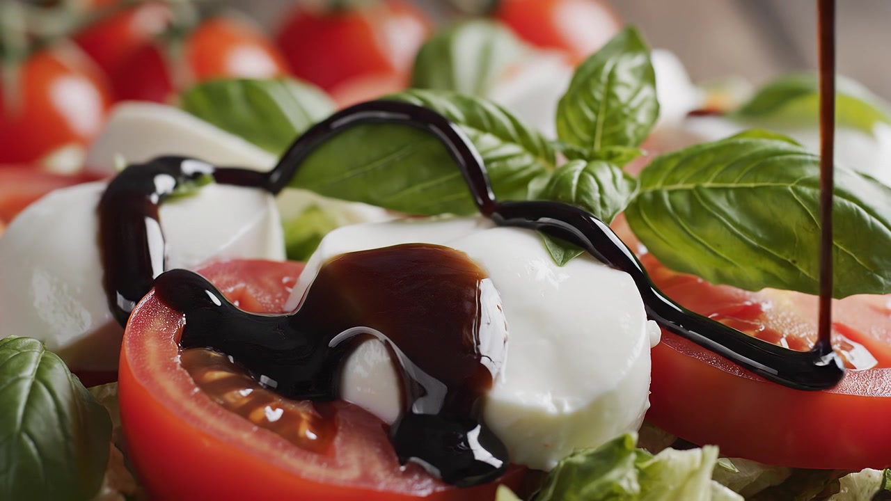 Irrorare glassa balsamica su insalata Caprese fresca.
