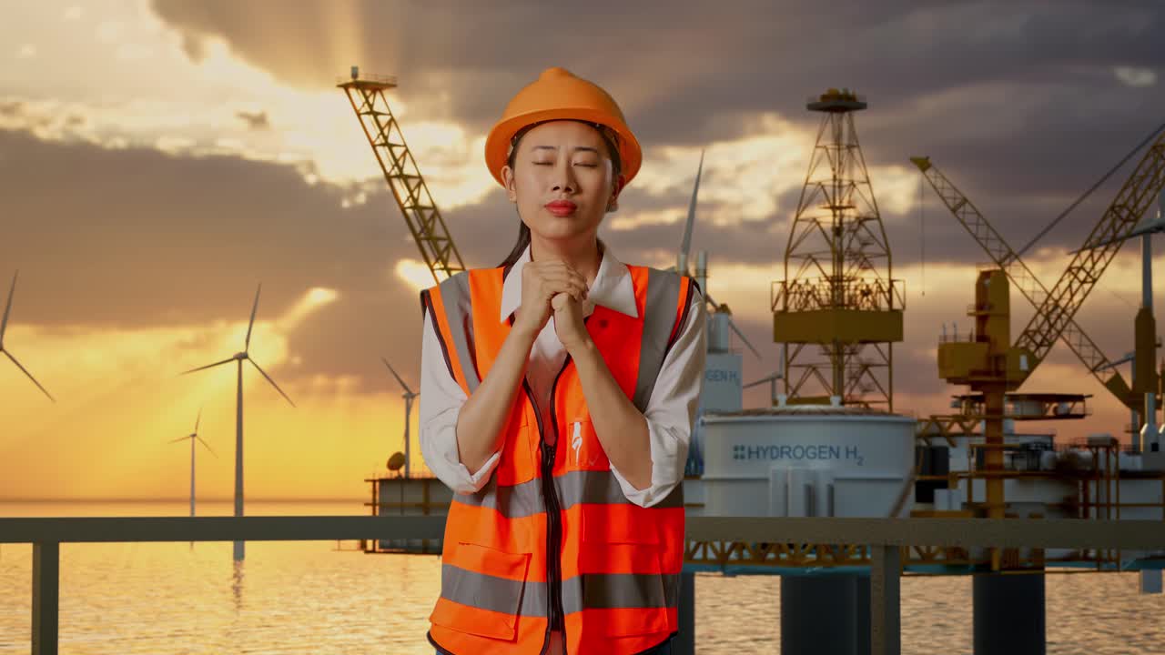 해가 지는 동안 해상 석유 굴착장과 풍력 발전소에서 기도하는 엔지니어