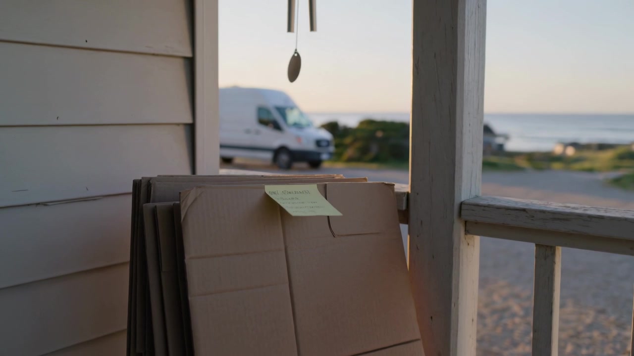 Pappstabel som lener seg med gul post-it-lapp står på verandaen, vindspill dingler når varebil passerer