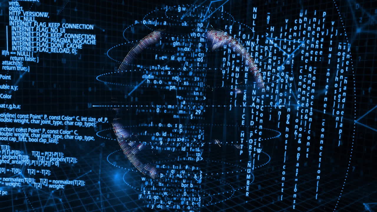Digital code and data processing animation forming abstract globe shape