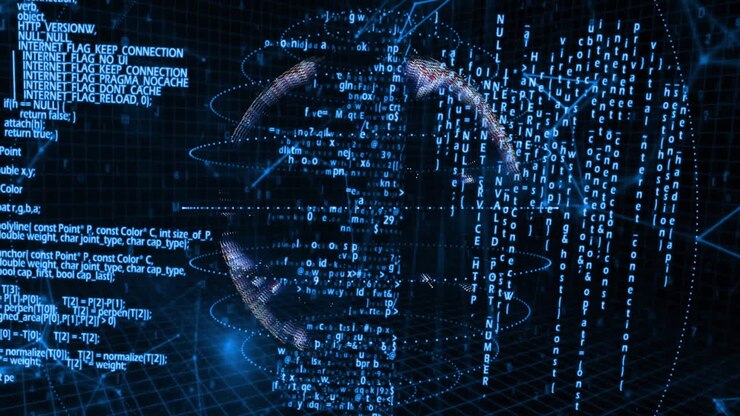 Digital code and data processing animation forming abstract globe shape