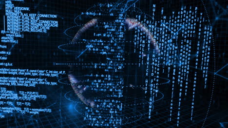 digital code and data processing animation forming abstract globe shape