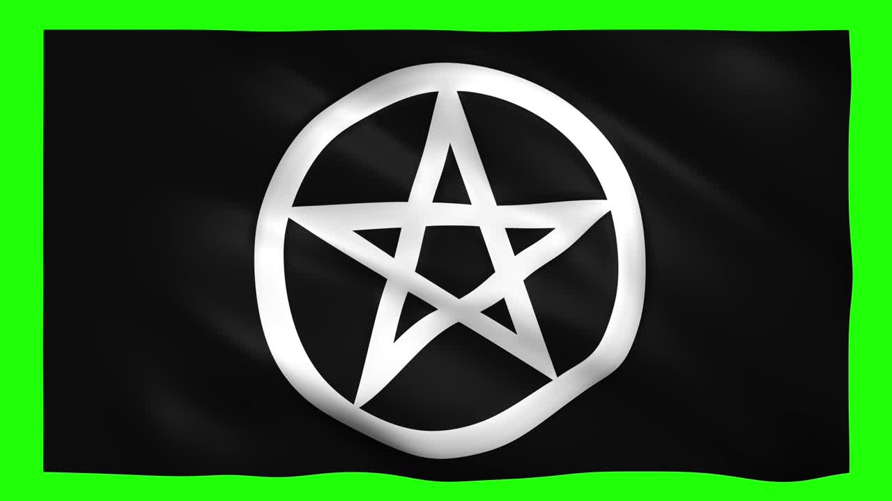 Symbol pentagramu na černé vlajce na zelené obrazovce pro klíčování