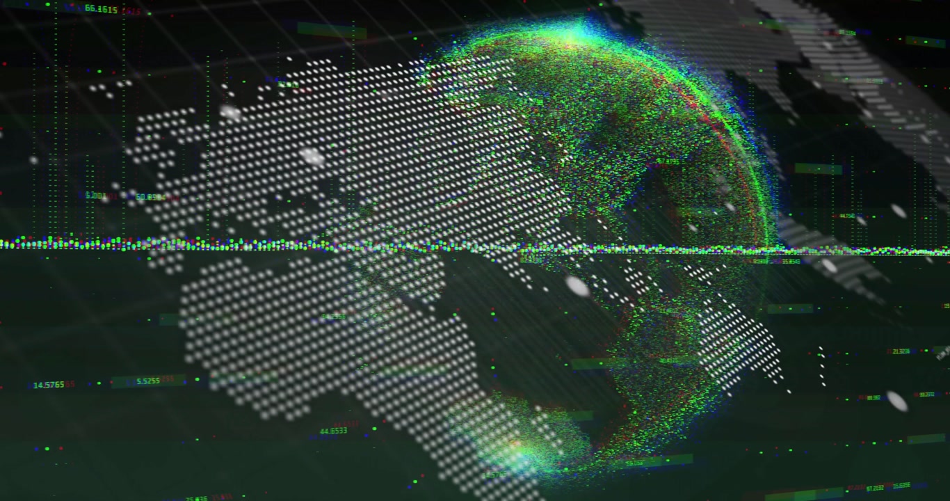 Green waveform pulsing particle globe rising, rotating, console text scrolling, showing global data