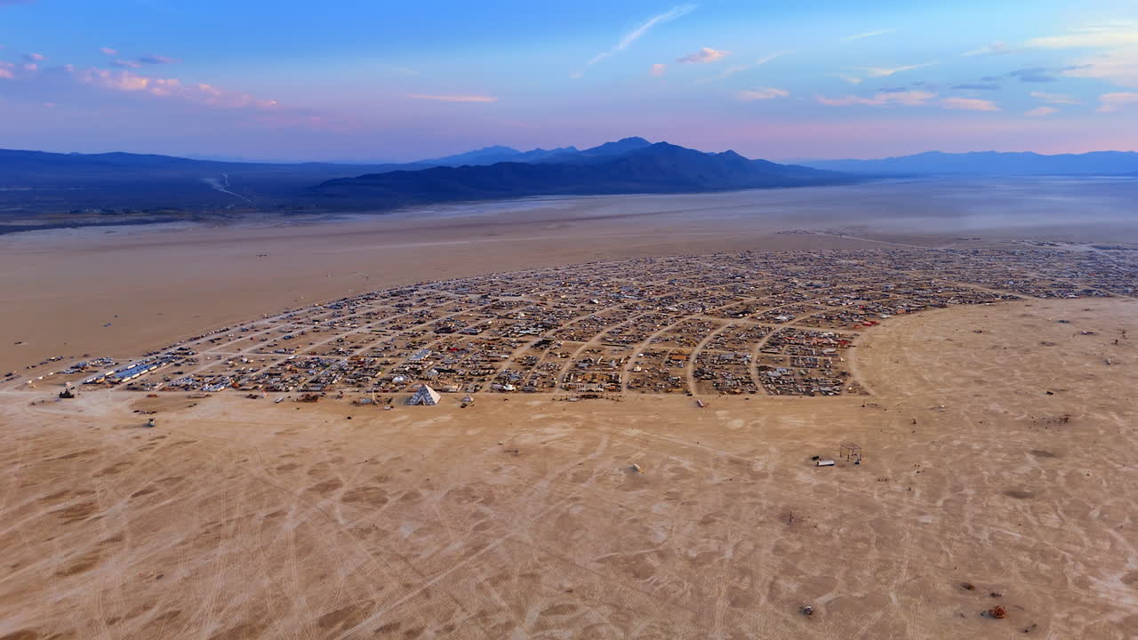 Segmented campsite of the Burning Man festival. Drone footage over the Black Rock Desert during the annual event