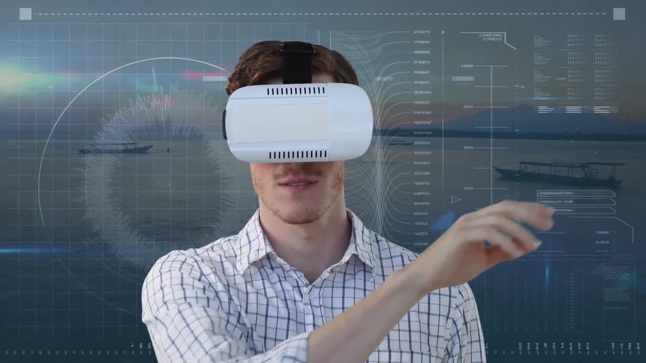 animación de hombre caucásico con auriculares vr sobre procesamiento de datos y mar