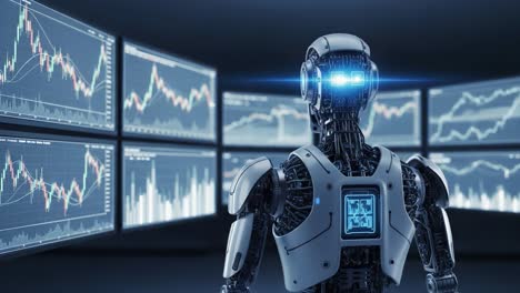 advanced robotics analyzing financial data with high-tech displays - a futuristic perspective on ai and data analytics for enhanced decision-making