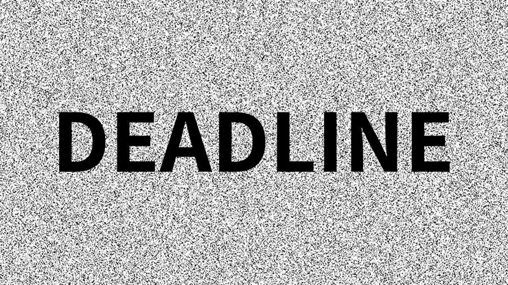 Deadline. Word about problem on noisy old screen. Looping VHS interference. Vintage animated background, video footage
