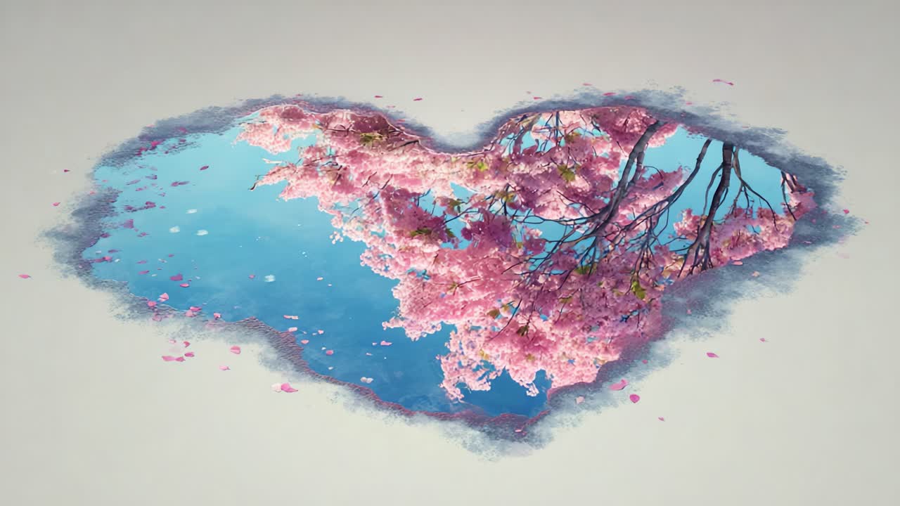 A Stunning Heart-Shaped Reflection of Cherry Blossoms in Crystal Clear Water, Capturing the Beauty of Nature in a Vibrant Palette of Blues and Pinks, Evoking Serenity and Love