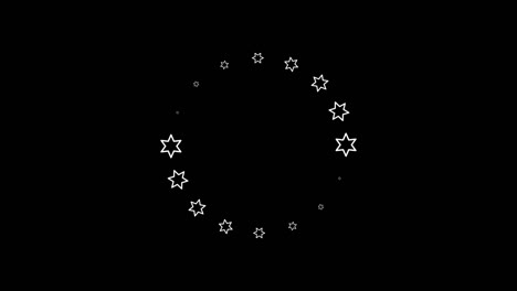 animation of white star icon that are arranged around each other in a circle on black background. indicator for loading progress. seamless looping. video animated background.