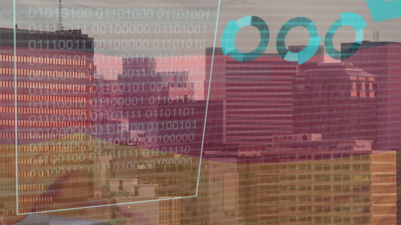 Binary code and data processing animation over cityscape with tall buildings