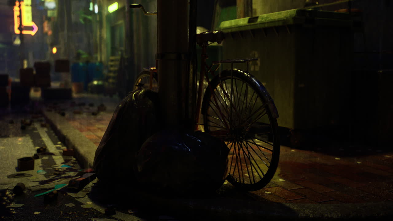 Urban nighttime alley with a bicycle and trash bags near a streetlight