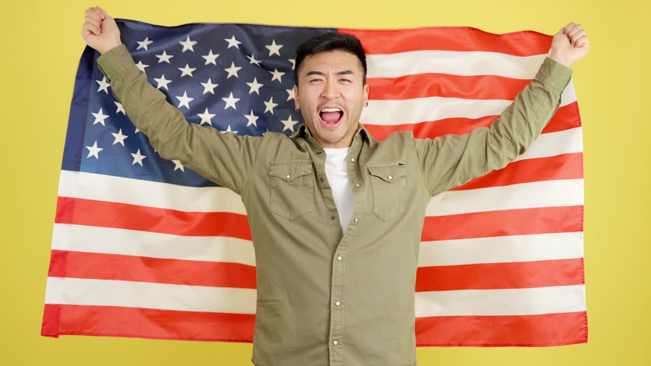 Happy Man Cheering with American Flag