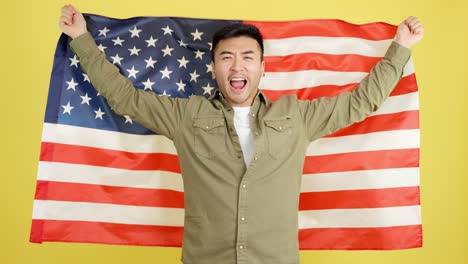 happy man cheering with american flag