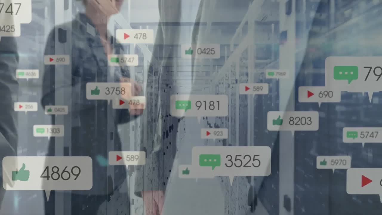 디지털 아이콘은 서버 방에서 손을 흔드는 사업가들의 중간 섹션에서 증가하는 숫자로