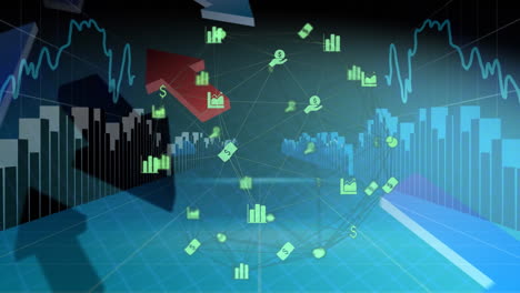 animation of financial data processing with icons and arrows on black background