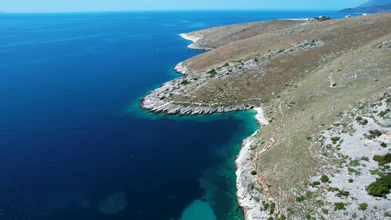Rocky Hills Range Deep Turquoise Ionian Sea Forming Hidden Bay on Albanian Riviera Coast