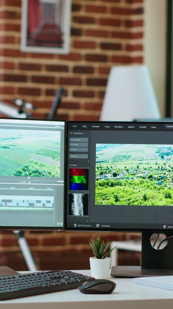 Scrivania verticale in area di lavoro creativa per produzione video in salotto