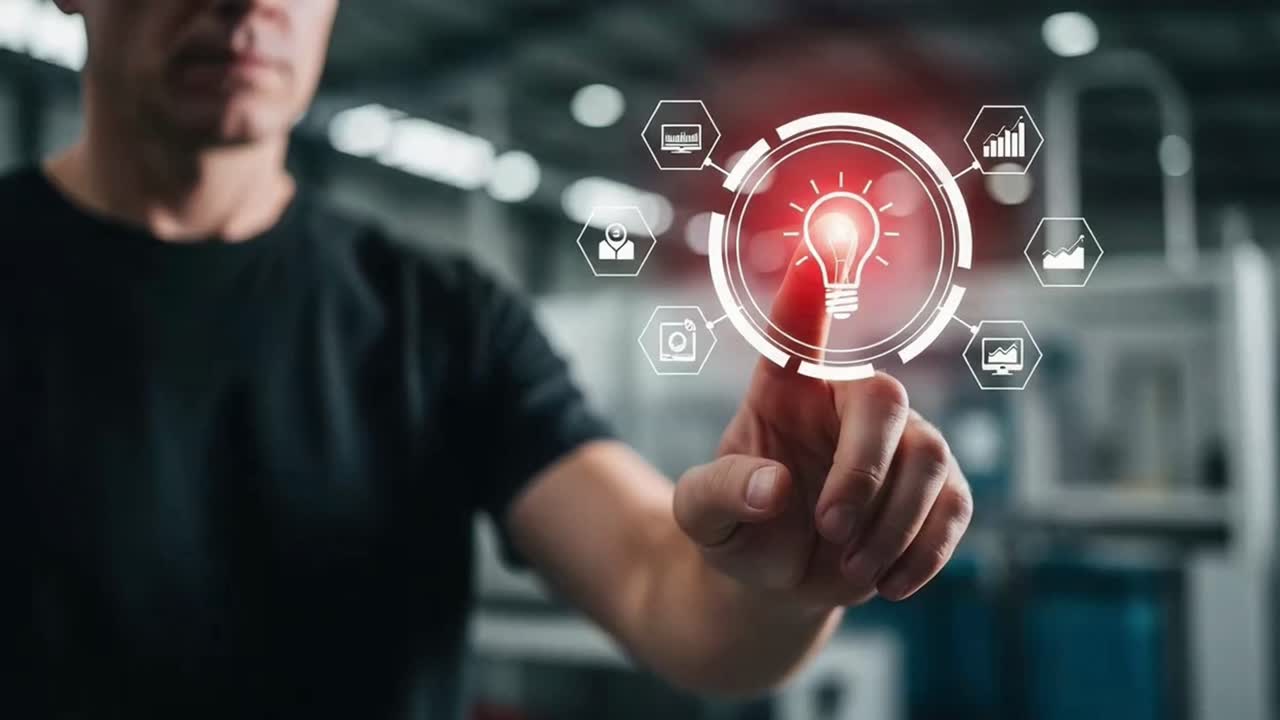 Engineer Selecting a Creative Idea Icon on a Virtual Screen in a Factory