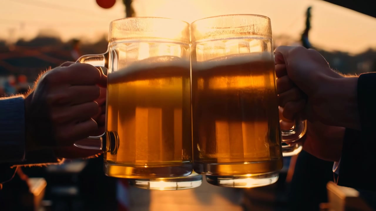 Due boccali di birra trasparenti si toccano in primo piano durante il tramonto, con liquido ambrato e schiuma leggera visibili attraverso il vetro, mentre una calda retroilluminazione crea bordi luminosi, riflessi morbidi e un'atmosfera di celebrazione rilassata all'aperto.