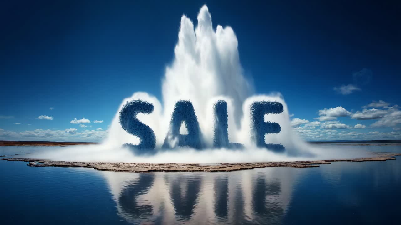 Dynamic Water Feature Displays Bold 'Sale' Message, Captivating Viewers with Dramatic Splash Effect Against Bright Sky and Calm Water, Perfect for Promotions and Marketing Campaigns