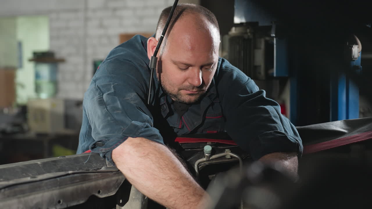 Engineer in blue uniform works on car engine in mechanical workshop, focused on repair task, hands-on automotive maintenance in industrial setting with tools and machinery in background