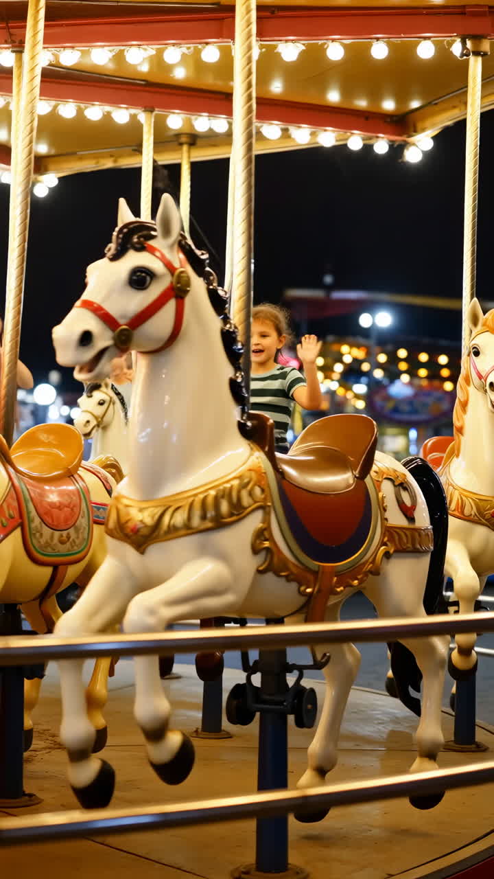 Children enjoying a carousel ride at night