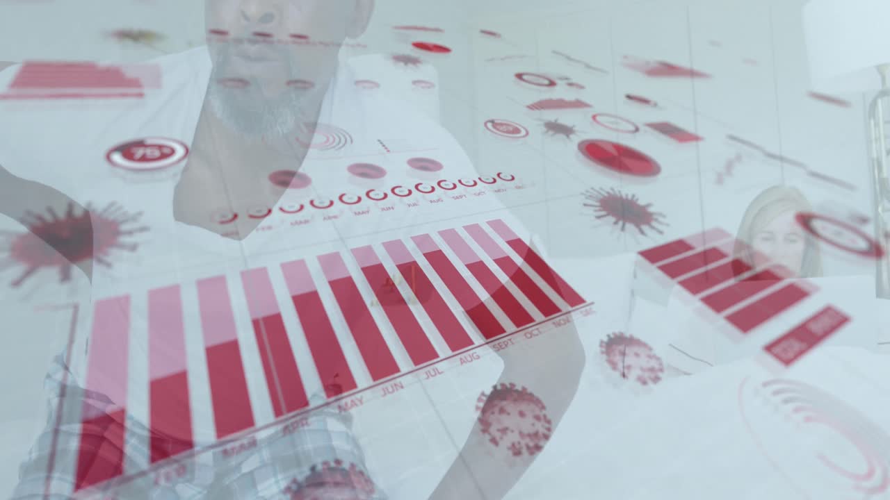 animación del procesamiento de datos de covid-19 sobre un paciente masculino afroamericano que sostiene su espalda con dolor