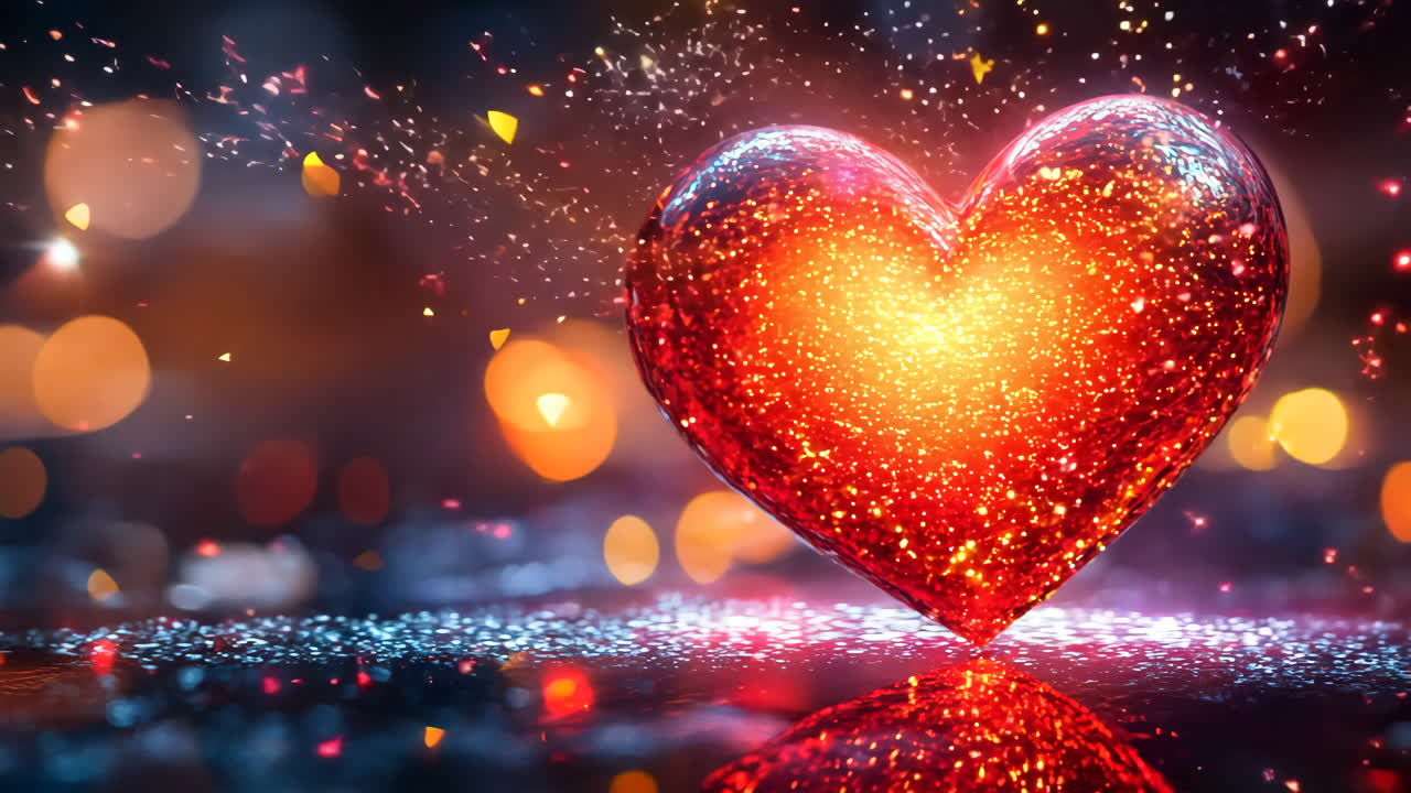 A heart made of glass is lit up and surrounded by a blurry background. The heart is red and he is glowing