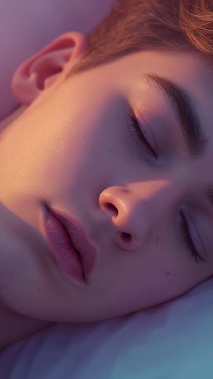 Video verticale: adolescente sdraiato che si sveglia sul cuscino del letto, luce che illumina il viso, palpebre che si aprono