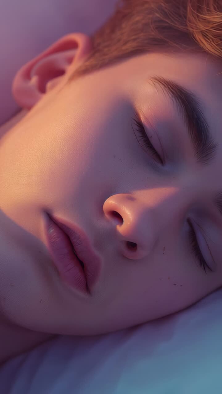 Vertical video: Lying teen waking on pillow on bed, light falling on face, eyelids fluttering open