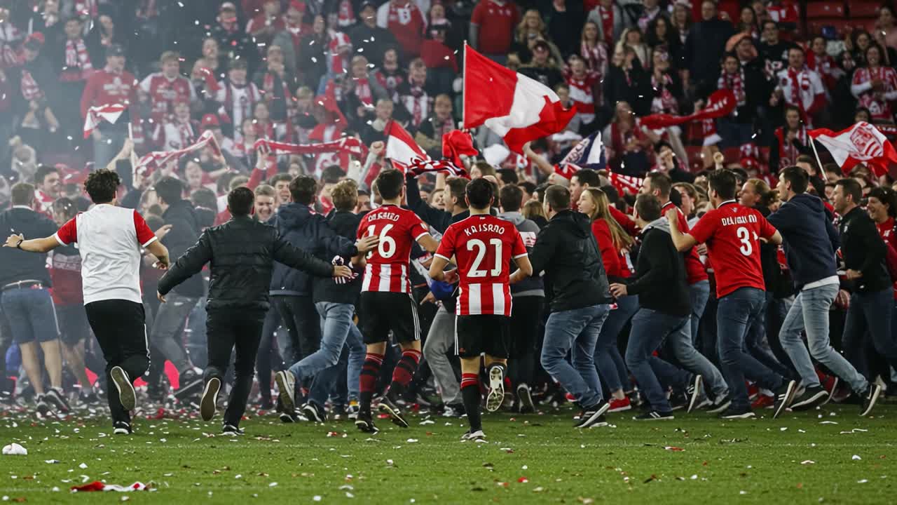A Vibrant Celebration with Thrilled Fans and Players in the Stadium, Uniting in Joyful Revelry Amidst Colorful Flags and a Sea of Excitement