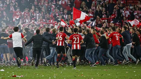 a vibrant celebration with thrilled fans and players in the stadium, uniting in joyful revelry amidst colorful flags and a sea of excitement
